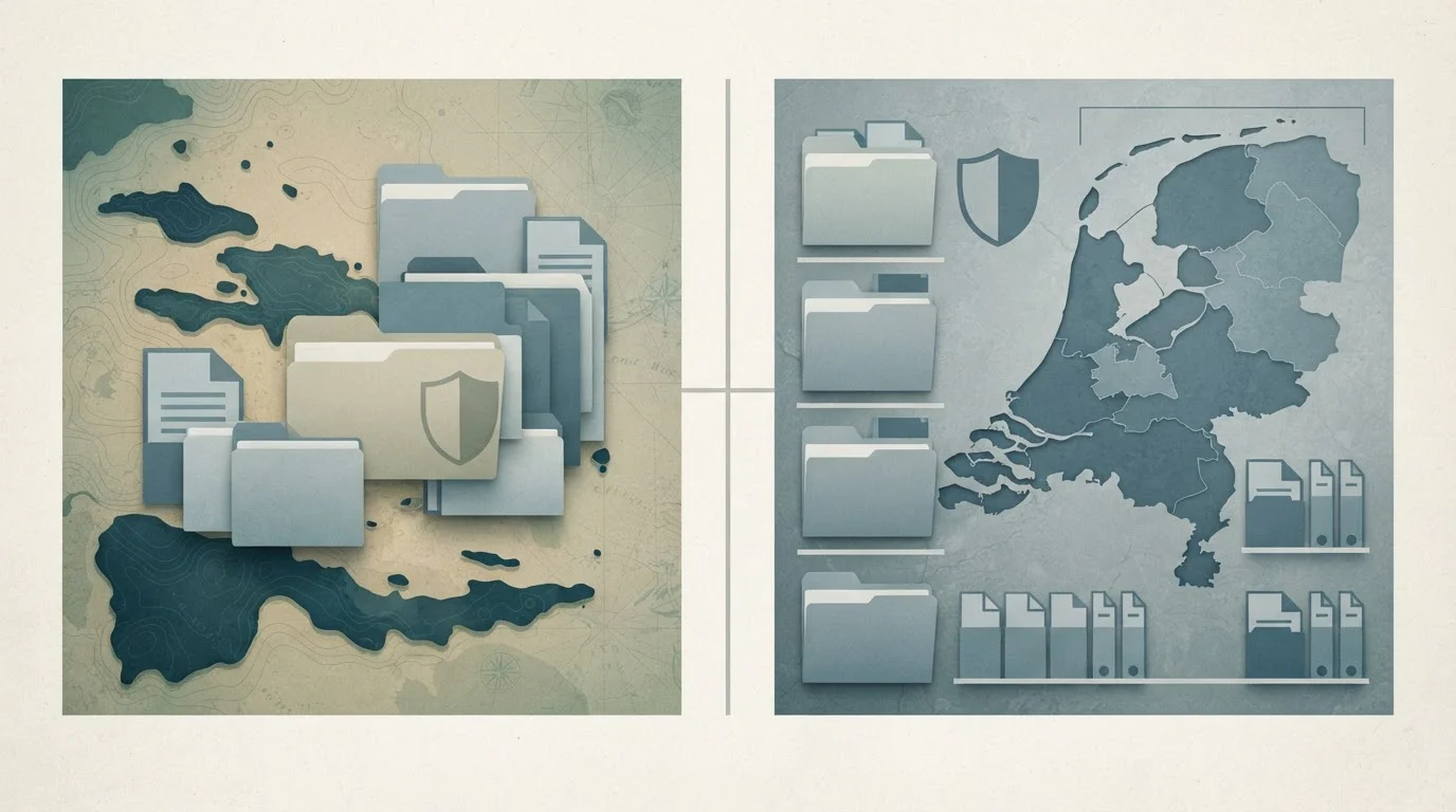 Conceptuele illustratie met Curaçao-jurisdictie en Nederlandse Ksa-context als twee afzonderlijke lagen
