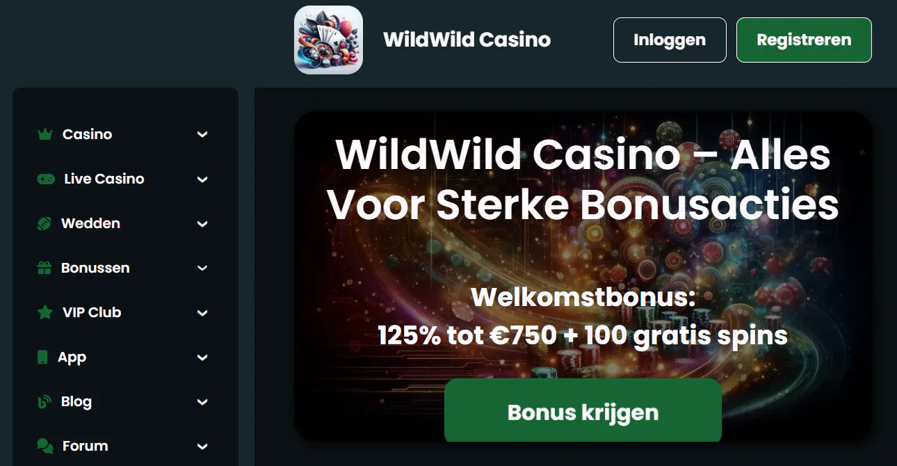 Nederlandstalige WildWild Casino-homepage met merknaam en de huidige welkomstbonus