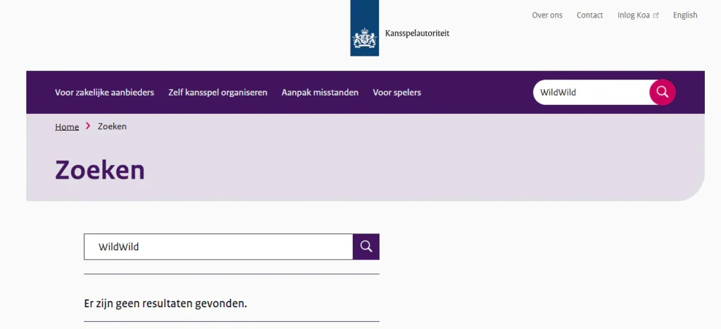 Ksa Kansspelwijzer met een zoekcontrole voor WildWild Casino en de bijbehorende registerstatus
