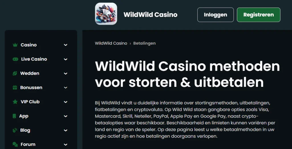 WildWild-betaalpagina bij de sectie voor uitbetalingen en opnamemethoden