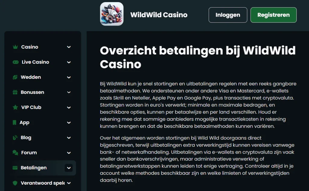 WildWild-betaalpagina met zichtbare categorieën voor stortingsmethoden
