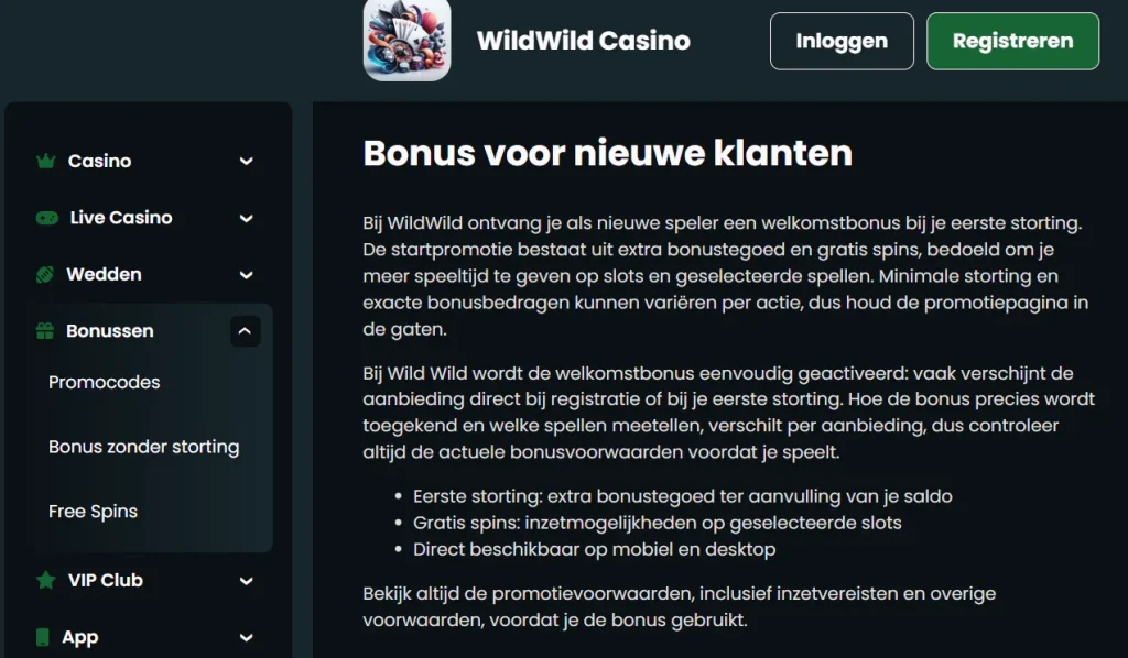 WildWild-bonuspagina met de Nederlandse welkomstaanbieding van 125% tot €750 en 100 gratis spins