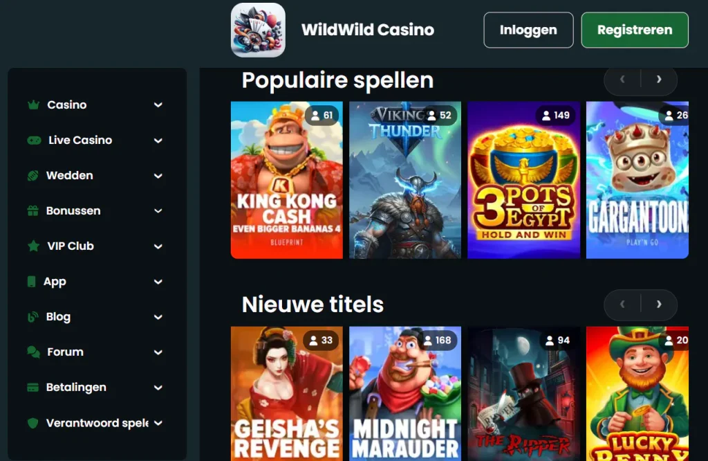 WildWild-casinolobby met zichtbare categorieën voor slots en live casino
