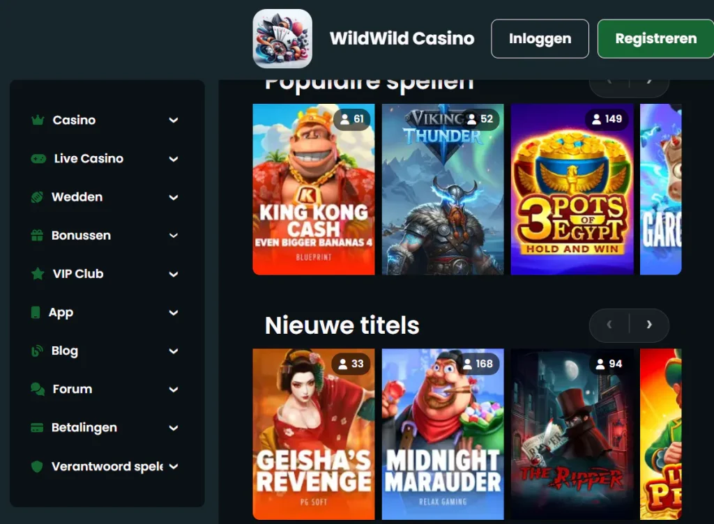 WildWild Nederlandse mobiele website met herkenbare casinonavigatie op een smartphoneweergave